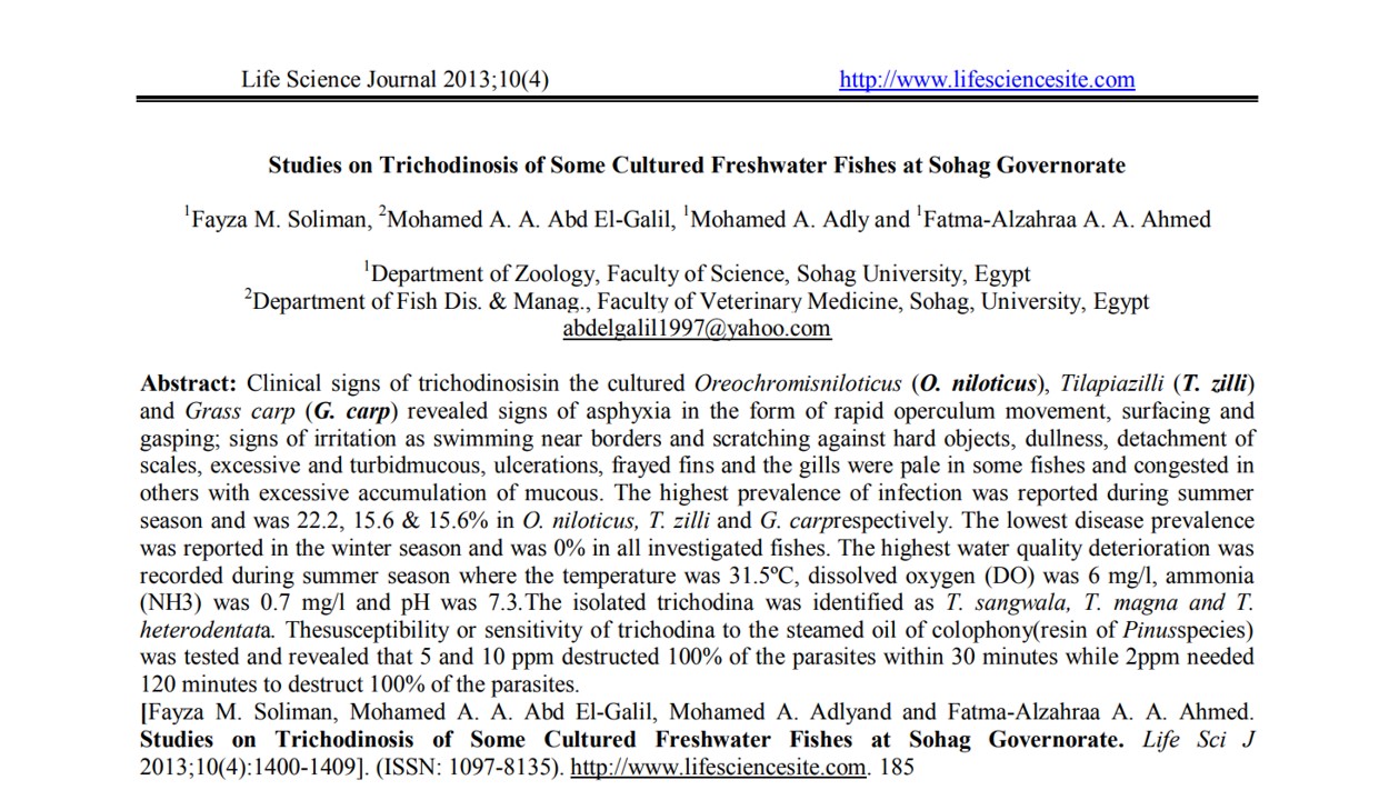 Studies on Trichodinosis of Some Cultured Freshwater Fishes at Sohag Governorate
